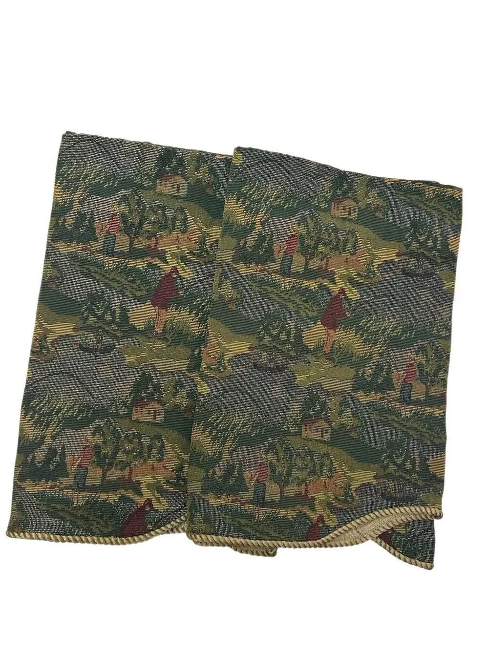Vintage Tapestry Scalloped Window Valance Fly Fishing Cabin Lodge Rope Trim Pair